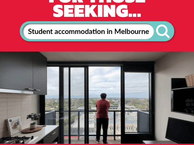 Student living advertisement shows a person looking out from a balcony at Student Living - Vivida 