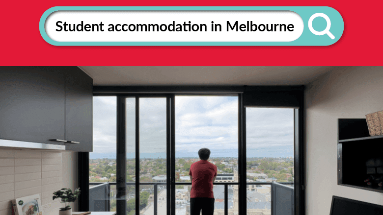 Student living advertisement shows a person looking out from a balcony at Student Living - Vivida 