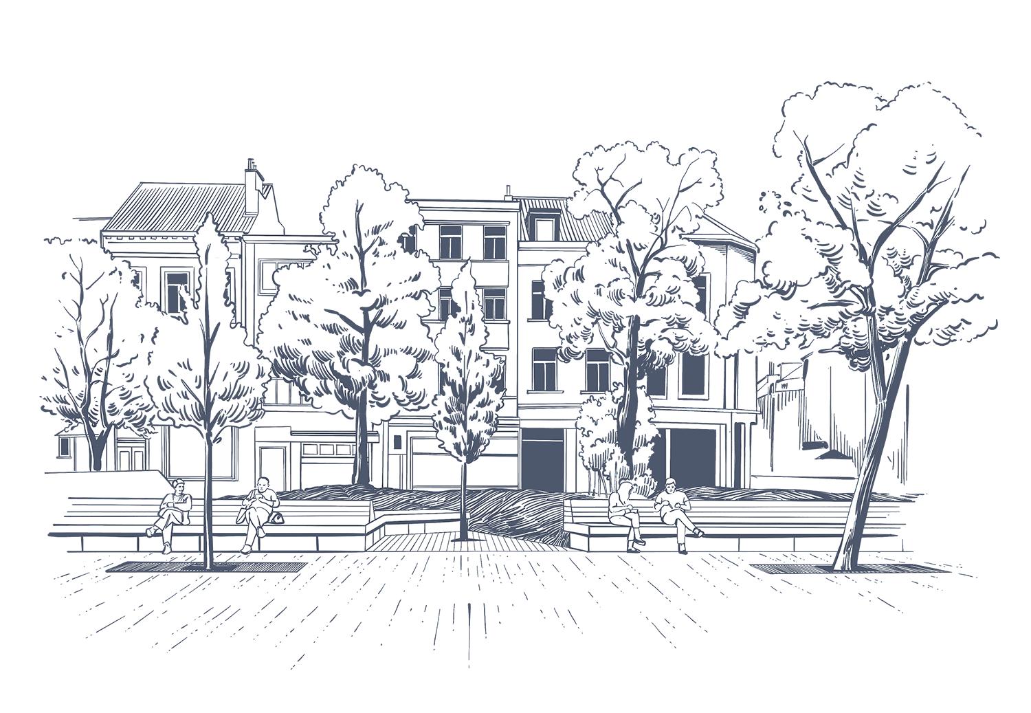 White line art of city buildings and trees on black background at Hotel Barsey by Warwick
