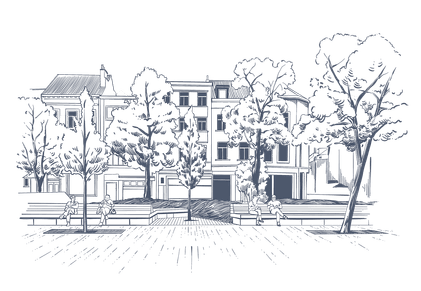 White line art of city buildings and trees on black background at Hotel Barsey by Warwick