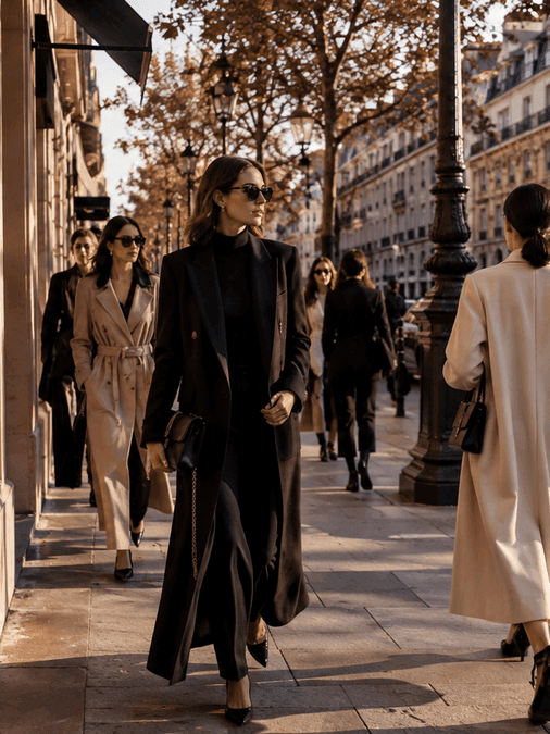 Stylishly dressed women walking along a sunlit Parisian street lined during fashion week