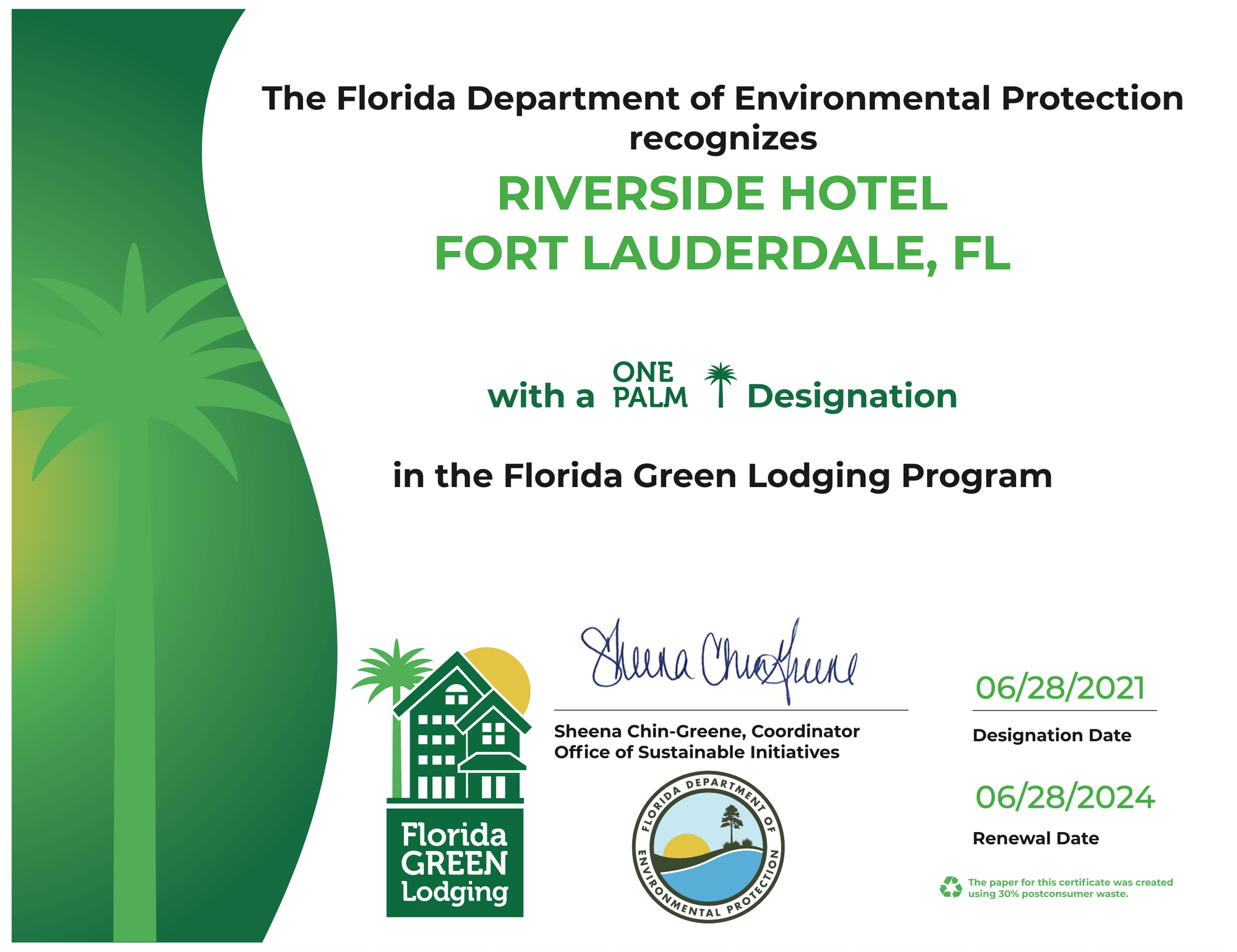 Florida green lodging poster used at Riverside Hotel Fort Lauderdale