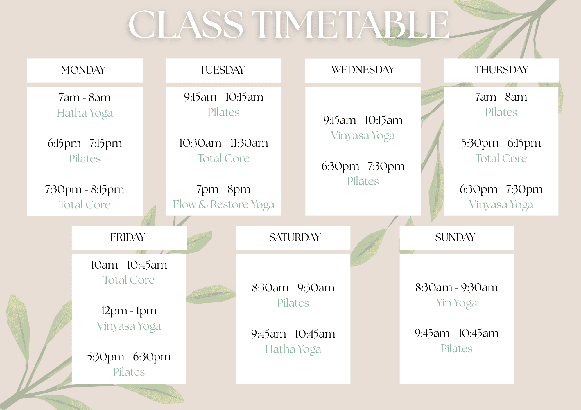 Classes timetable for Canopy Yoga Studio