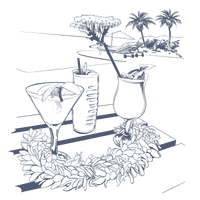 Line drawing illustration of tropical cocktails with palm trees and airplane in background at TokaToka Resort Nadi Fiji