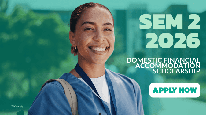 Smiling student with backpack promoting Domestic Financial Accommodation Scholarships for Semester 2 2026 with apply now button