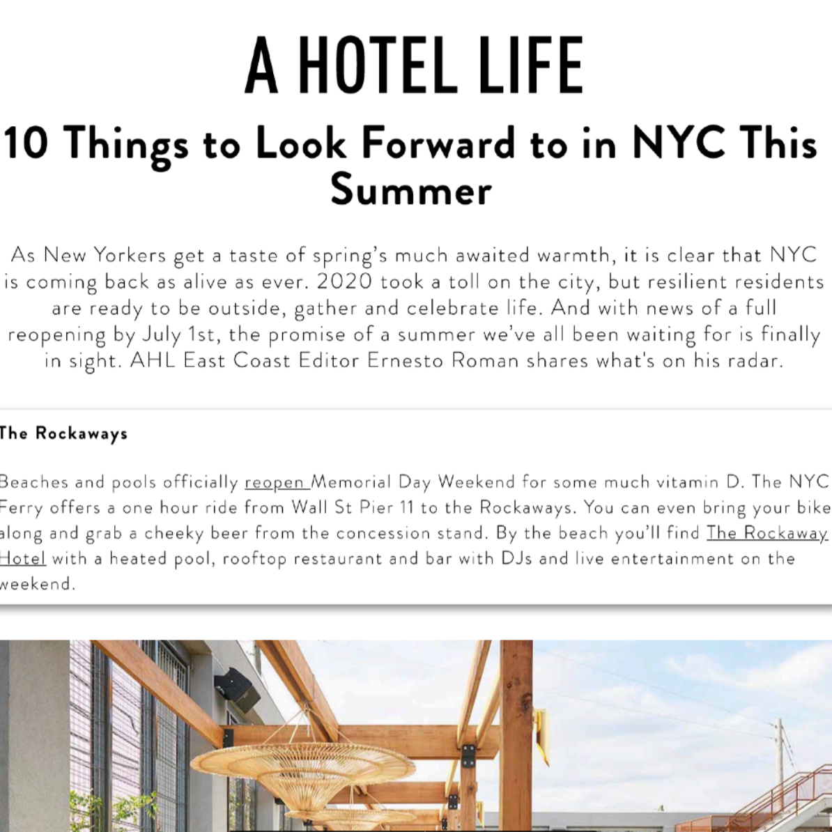 Article about The Rockaway Hotel in Hotel Life