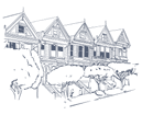 Line drawing of Victorian houses with peaked roofs and ornate details surrounded by trees at Warwick San Francisco