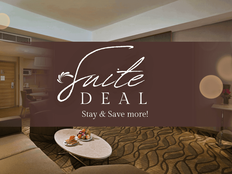 Suite Deal Stay & Save poster with a cozy room in the background at Sunway Putra Hotel