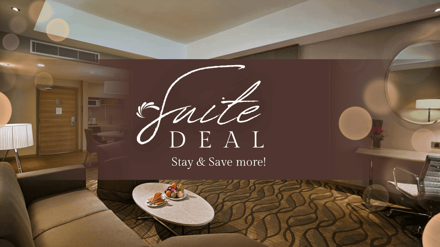 Suite Deal Stay & Save poster with a cozy room in the background at Sunway Putra Hotel