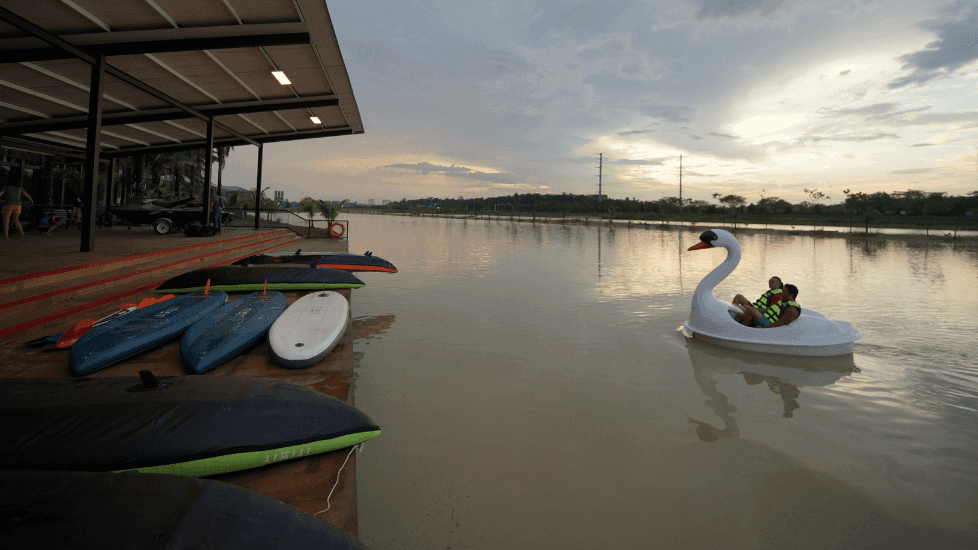 Swan boat in the water and paddleboards docked on the side near Sunway Hotel Big Box
