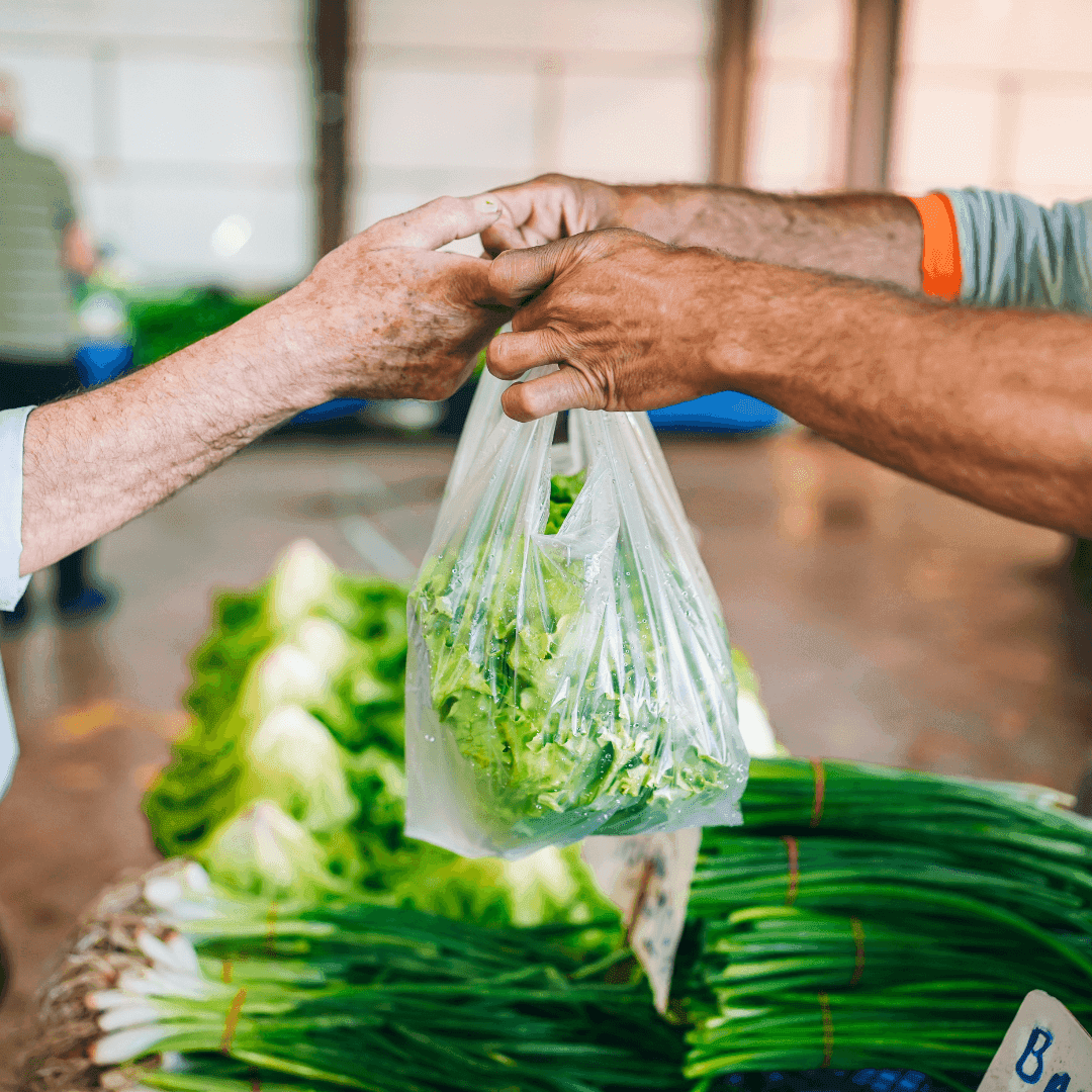 Two hands exchanging a plastic bag of lettuce over a market table with lettuce and scallions.