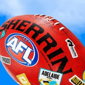Red Sherrin AFL football with various stickers against a blue sky background in the Gather Round events module.