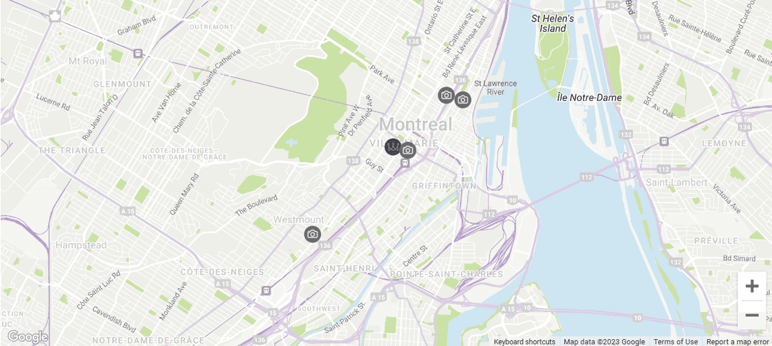 A map of the city area near Warwick Le Crystal - Montreal