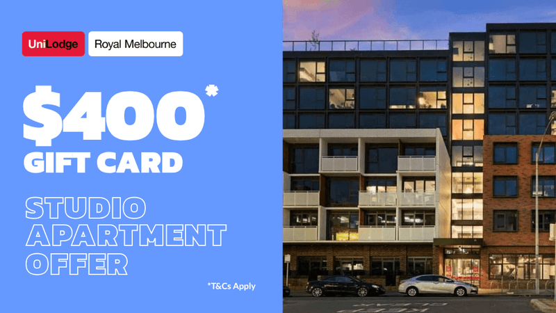 External photo of UniLodge Royal Melbourne with promotional text for studio apartment offer.