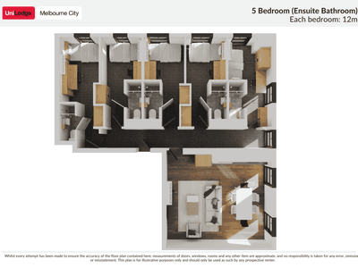 Floor plan of Melbourne City with 5 bedrooms, each 12m², and an ensuite bathroom.