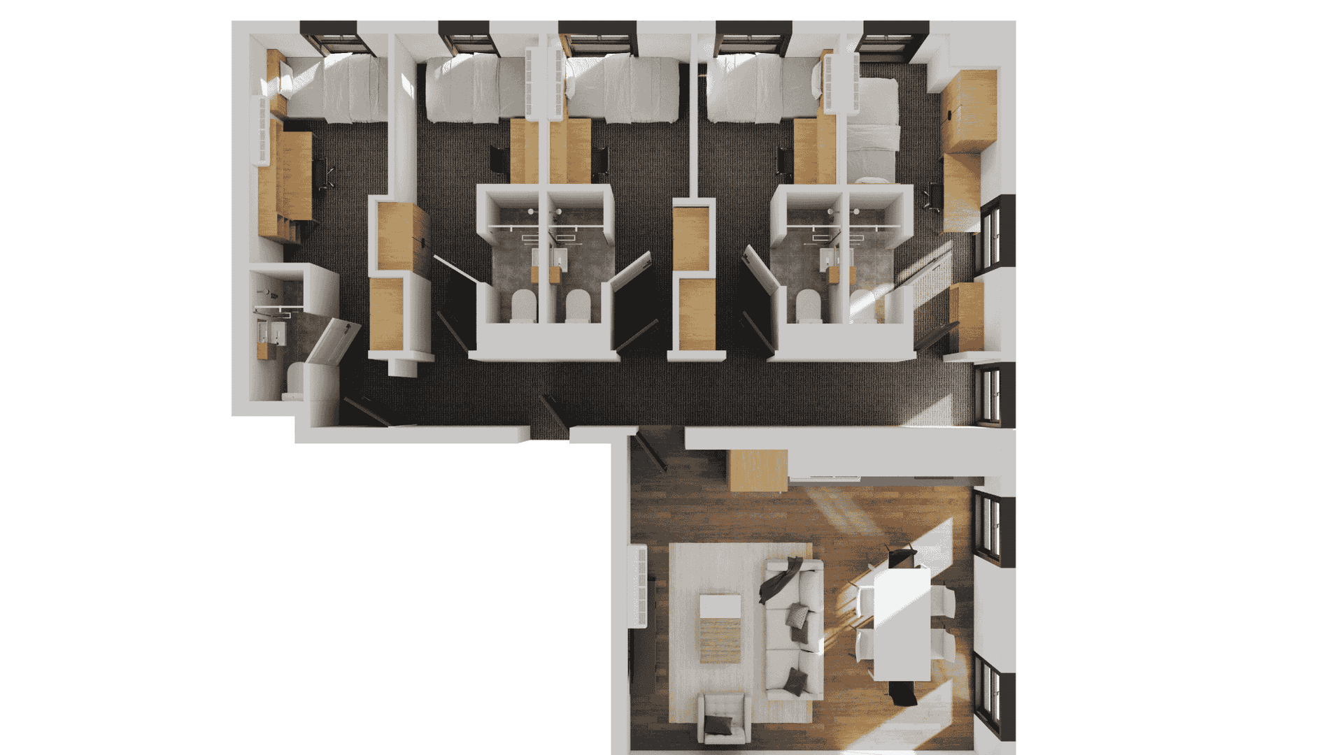 Floor plan of Melbourne City with 5 bedrooms, each 12m², and an ensuite bathroom.