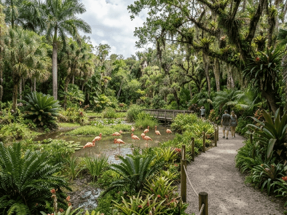 Flamingo Gardens path surrounded by tropical plants and flamingos near The Atlantic Hotel & Spa