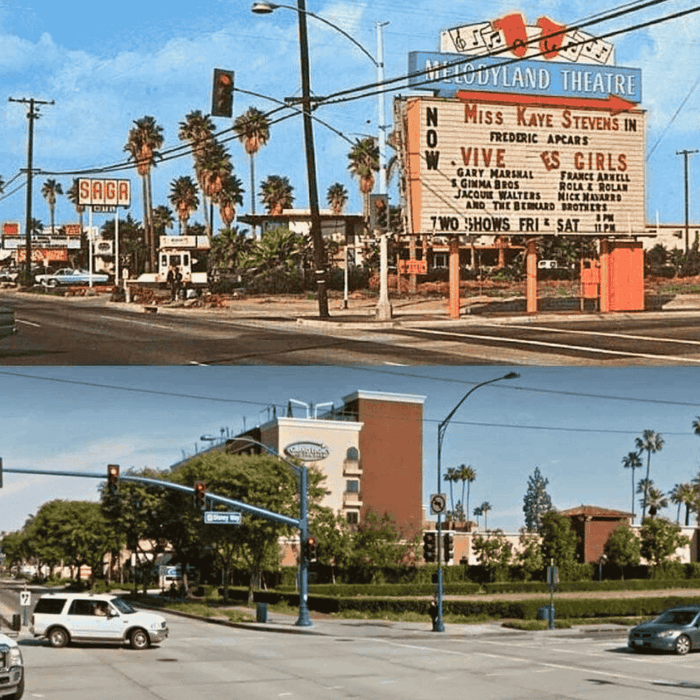 Two images of street scenes with vehicles, buildings, trees, and traffic signals at Grand Legacy at The Park Anaheim.