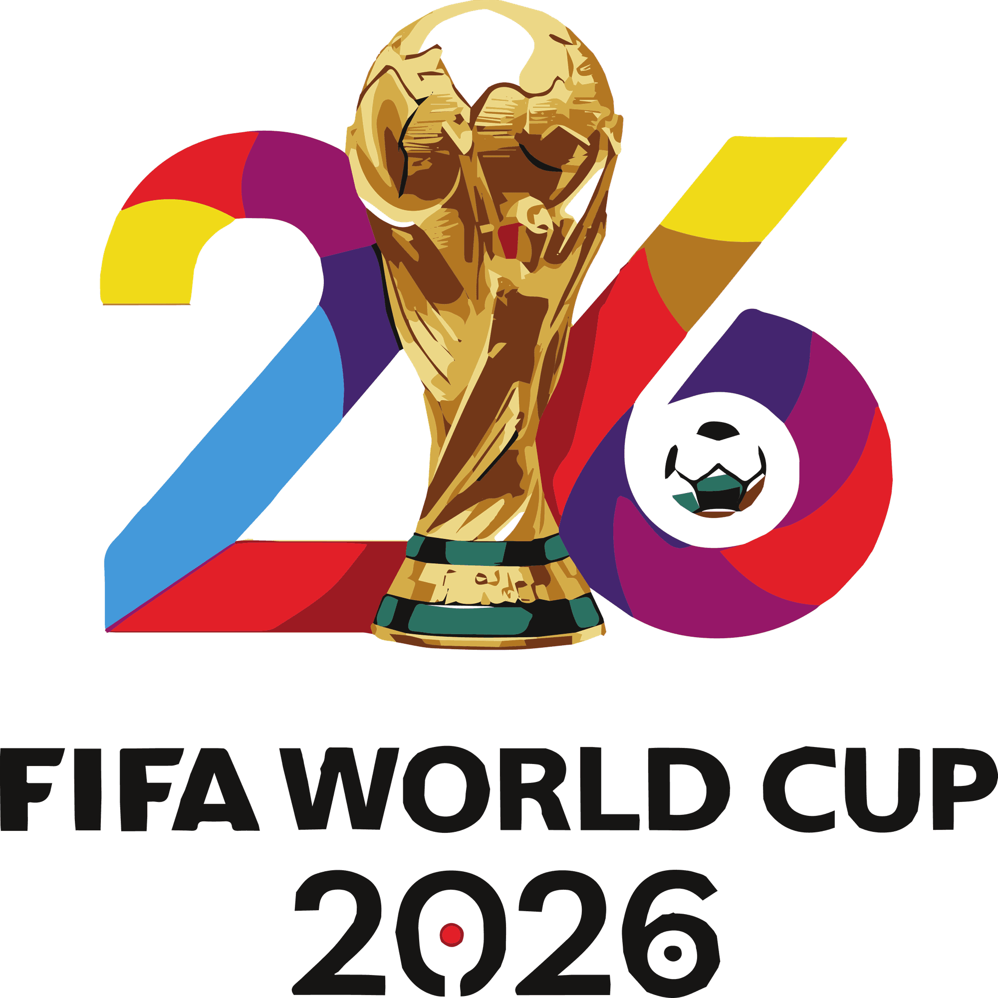 A graphic of the number 26 in bright colors behind an illustrated graphic of the World Cup trophy.