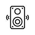 Black and white icon of a speaker with sound waves on either side.