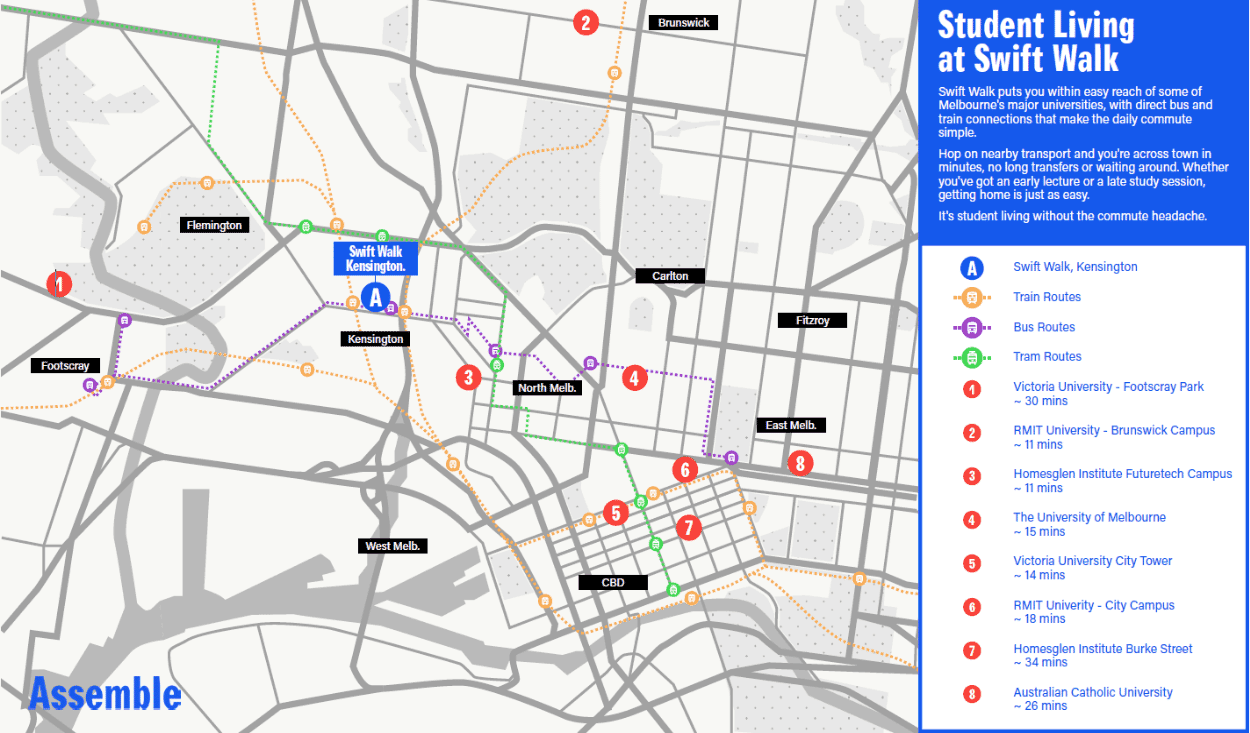 Map of nearby university campuses and public transport lines.