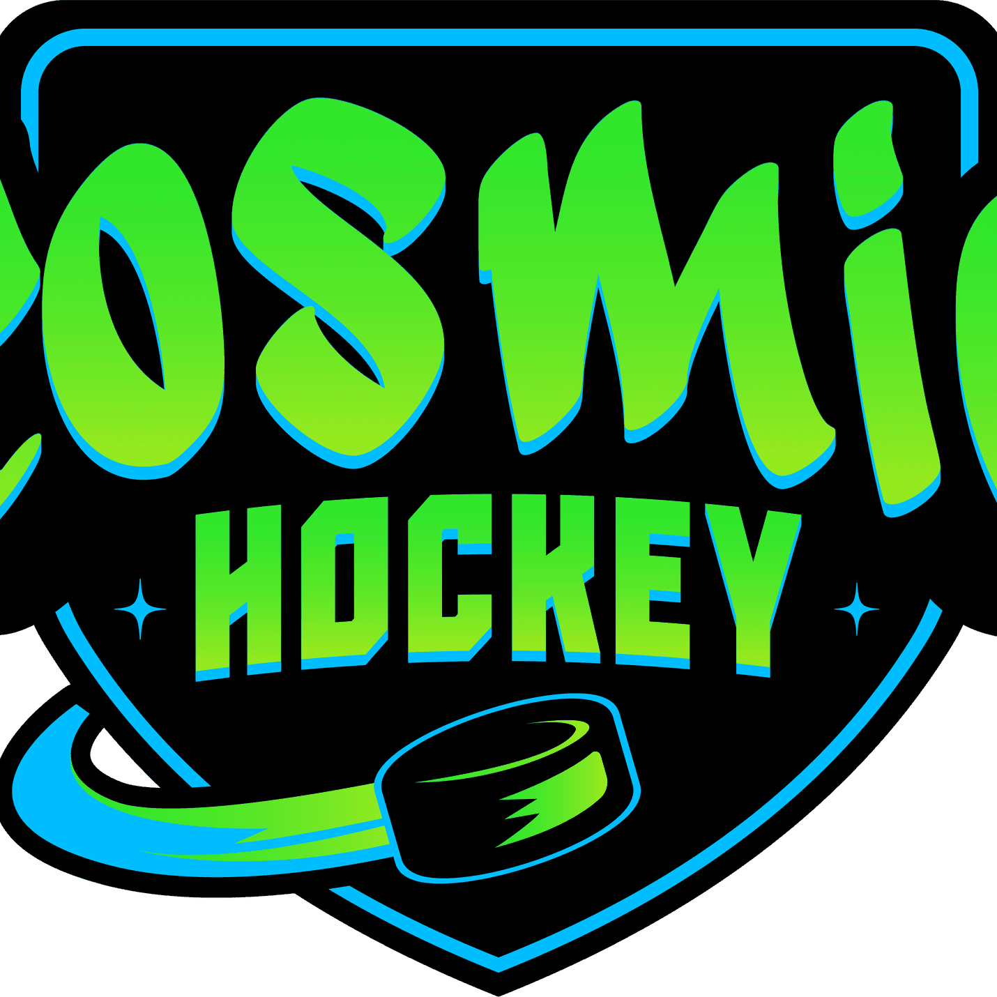 Bright neon green and blue Cosmic Hockey logo with hockey stick and puck on black background