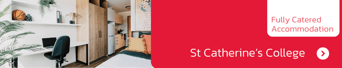 Fully catered student accommodation at St Catherine’s College with modern private study area and furnished bedroom.