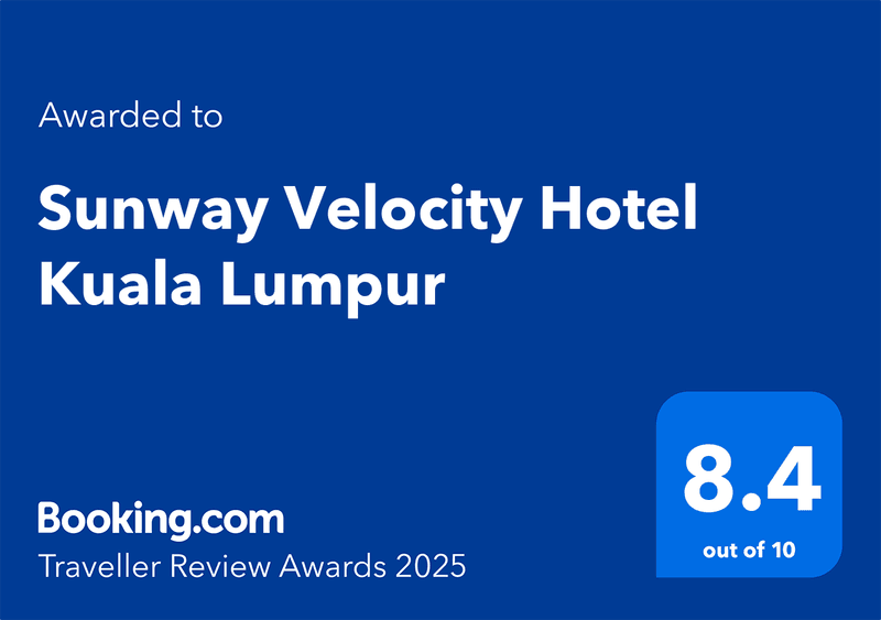 Booking.com Traveller Review Awards 2025 poster for Sunway Velocity Hotel, showing a rating of 8.4 out of 10