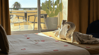 Chambre avec décoration Saint Valentin et vue sur balcon.