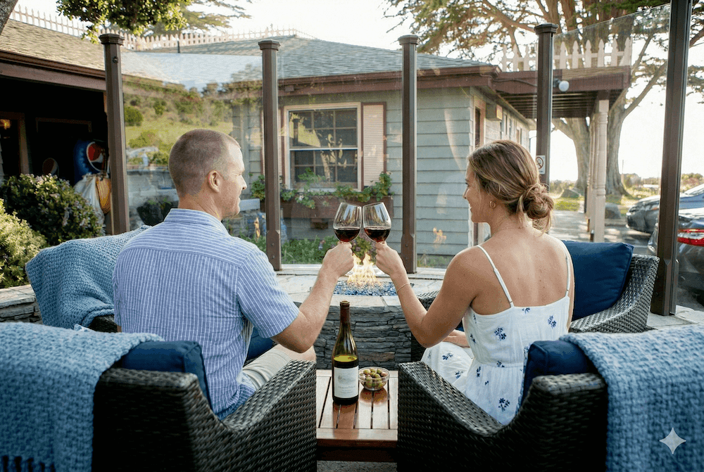A couple toasts with wine glasses on a patio with a fire pit.