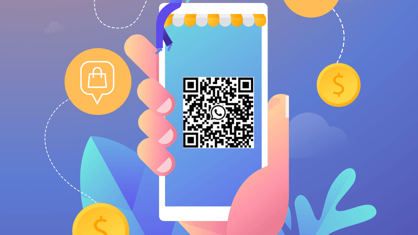 Illustration of a hand holding a phone displaying a QR code, with shopping and discount icons at Sunway Velocity Hotel