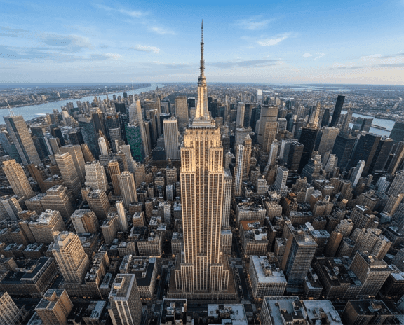 Aerial view of the New York City skyline with the Empire State Building prominently featured.