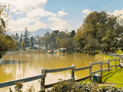 Vista panorámica de un lago sereno rodeado de un exuberante césped verde, árboles frondosos y una valla de madera, con montañas en el fondo bajo un cielo parcialmente nublado.