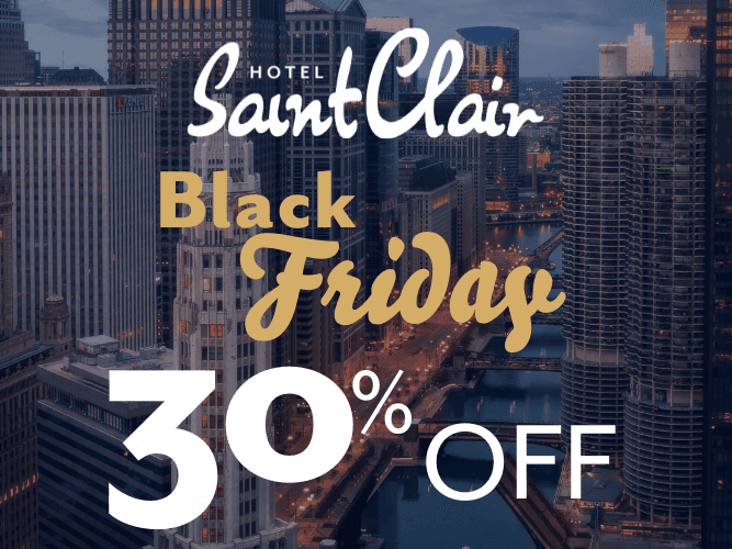 Black Friday Ad offering 30% off with Chicago skyline in the background 
