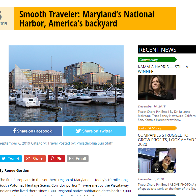 News article of Smooth Traveler Marylands at Harborside Hotel