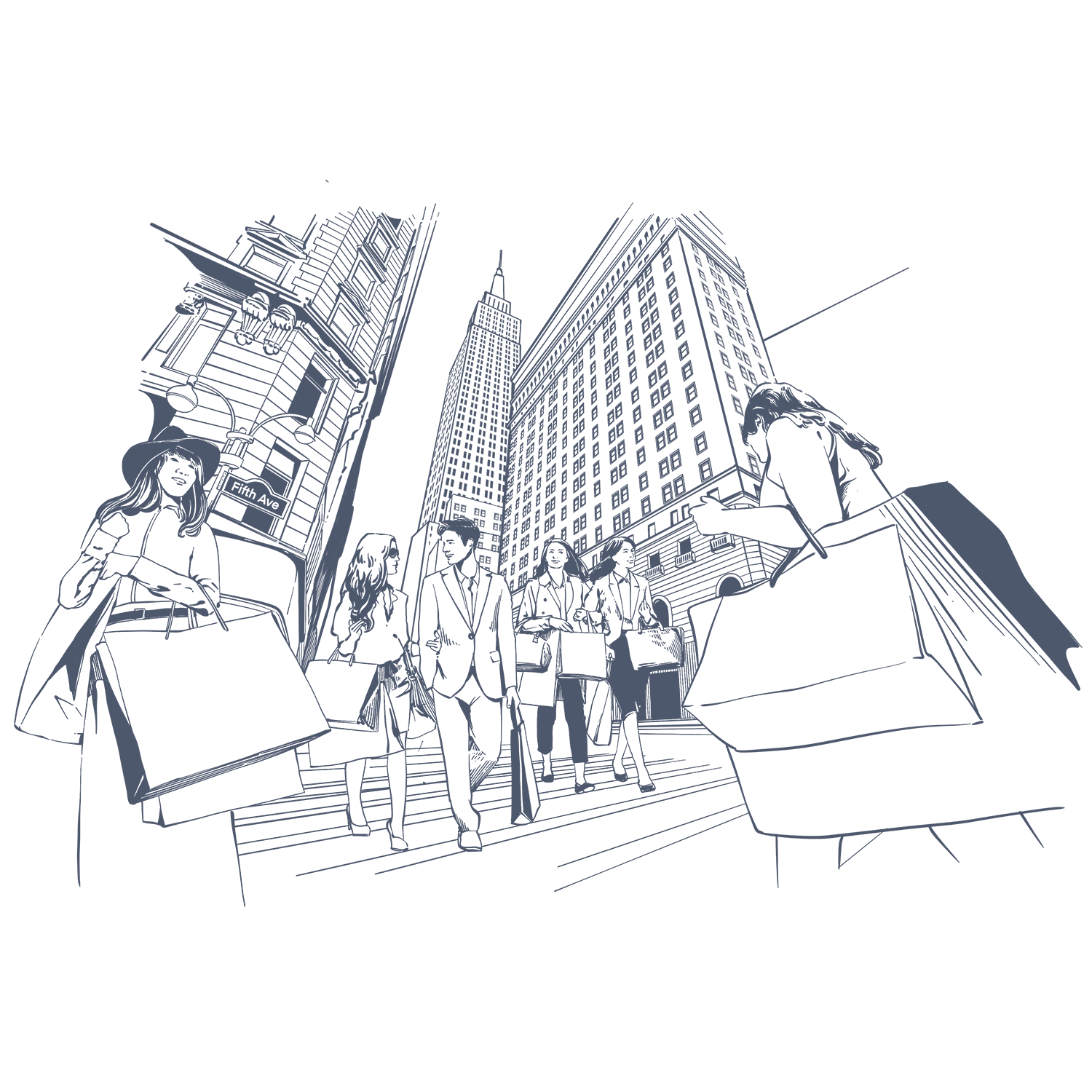 People walking with shopping bags on Fifth Avenue near Warwick New York hotel