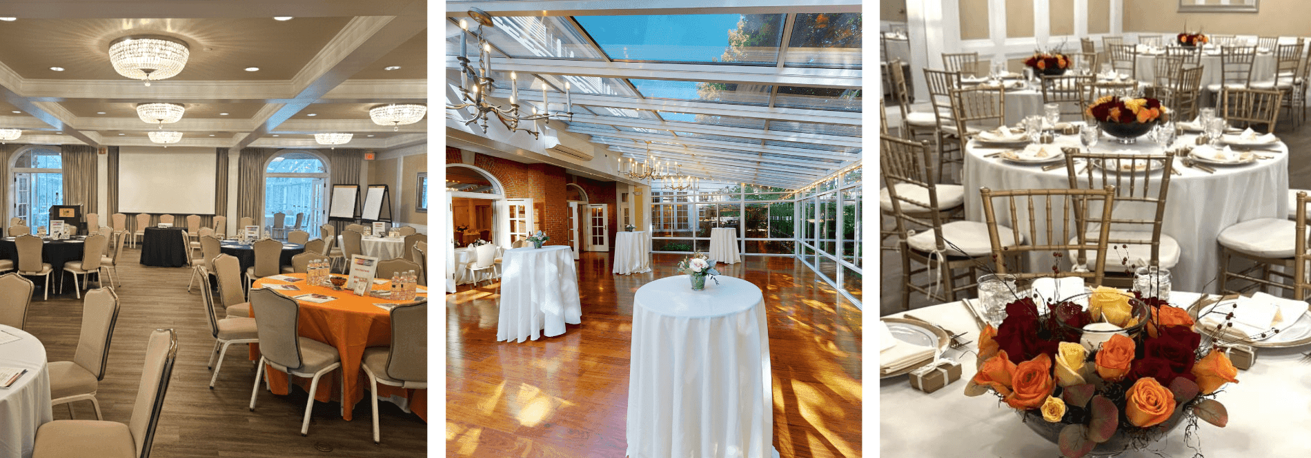 Split image featuring setup ballroom setup, glass atrium with cocktail tables & dining table setup at Avon Old Farms Hotel