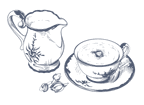 Illustration of a tea pitcher by a matching cup and saucer at The Capital Hotel, Apartments and Townhouse