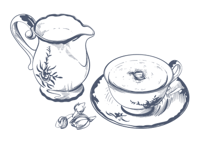 Illustration of a tea pitcher by a matching cup and saucer at The Capital Hotel, Apartments and Townhouse