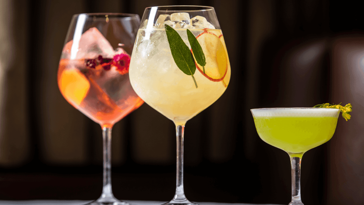 Close-up of 3 cocktails served in Rugby Grille, Townsend Hotel