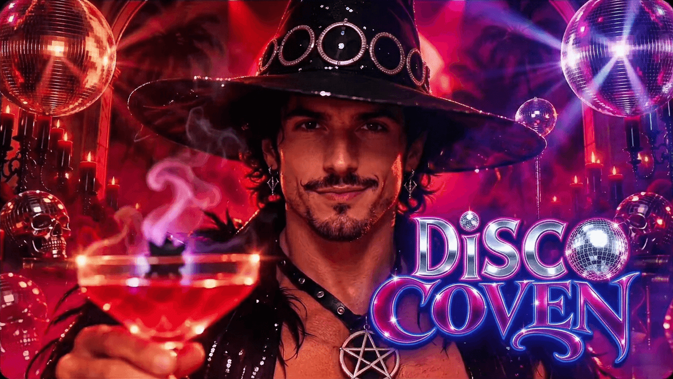 a man in a witch hat holding a cocktail in a bar with disco balls and candles