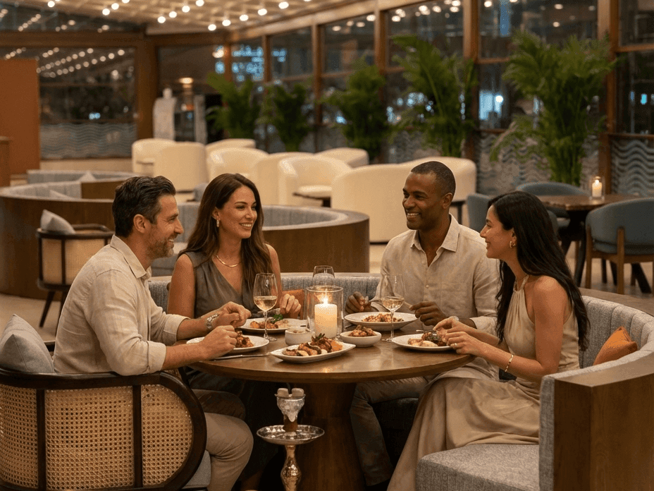 Group of guests enjoying an elegant evening at La Veranda