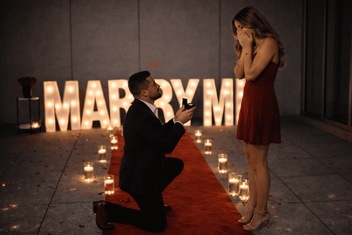 Man kneeling to propose to a woman in front of a 