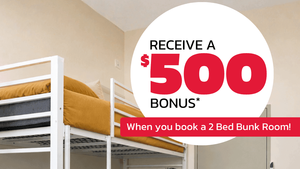 Two students relaxing in a modern bunk bed room with promotional offer displayed at UniLodge Herston