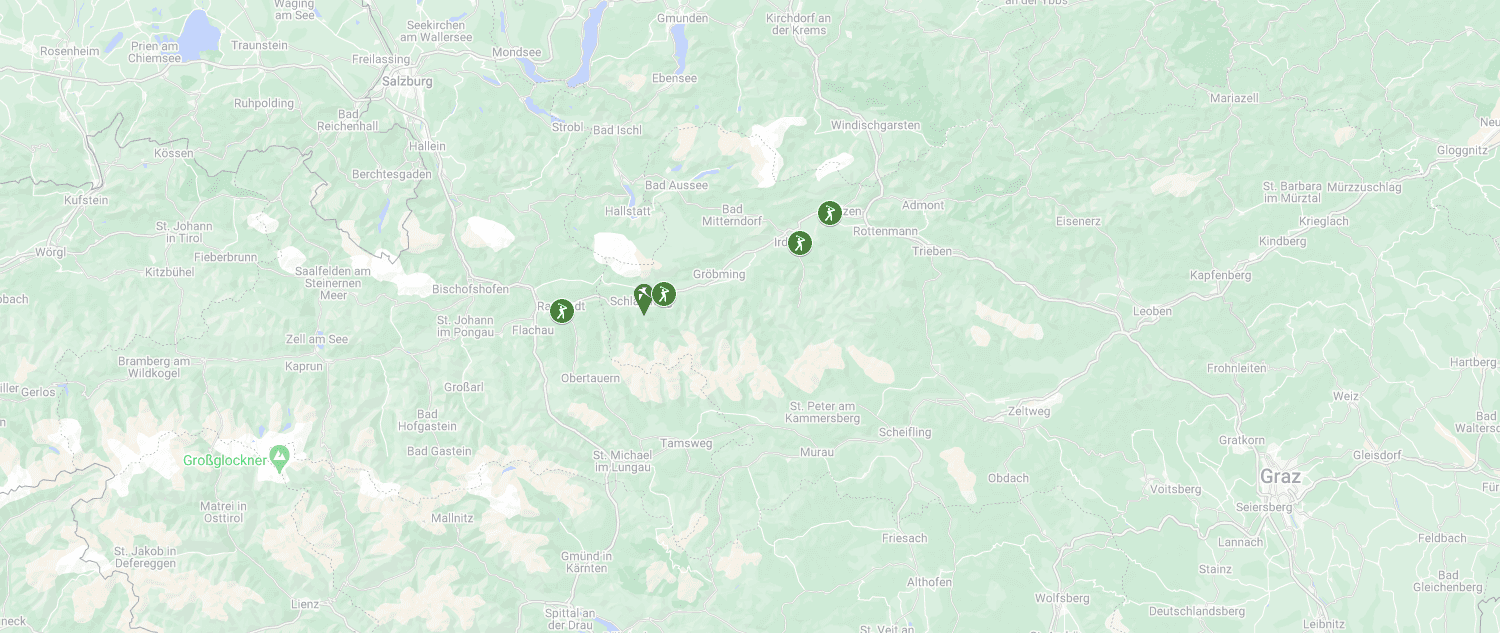 Map with green markers indicating locations used at Falkensteiner Hotel Schladming