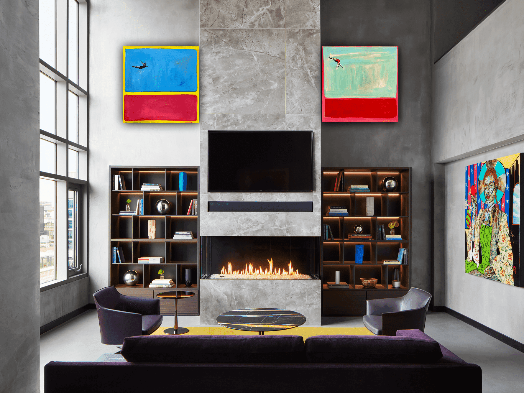 Living room with fireplace, television, couch, and three large paintings in Poliform Penthouse at Gansevoort Meatpacking NYC