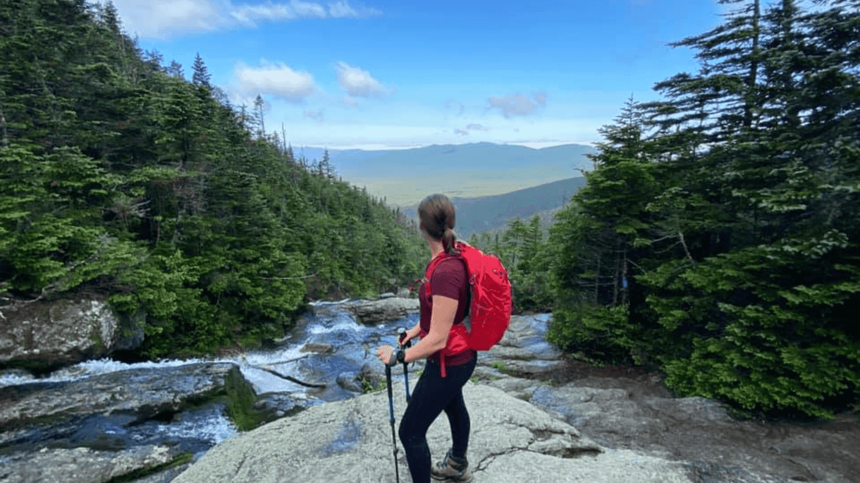 Hiker with red backpack and trekking poles stands on a rock overlooking a stream and forest.