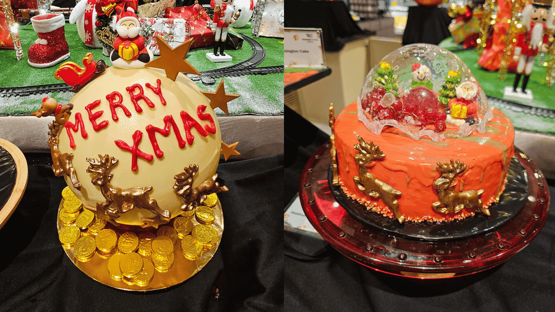 Two festive Christmas-themed cakes with decorative details at Sunway Putra Hotel