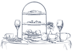 Sketch of afternoon tea set with a tiered tray by cups and wine glasses at The Capital Hotel, Apartments and Townhouse