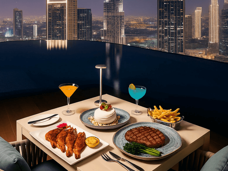 Gourmet steak and seafood dinner with colorful cocktails on a rooftop balcony overlooking the city at Malibu Sky Lounge & Bar
